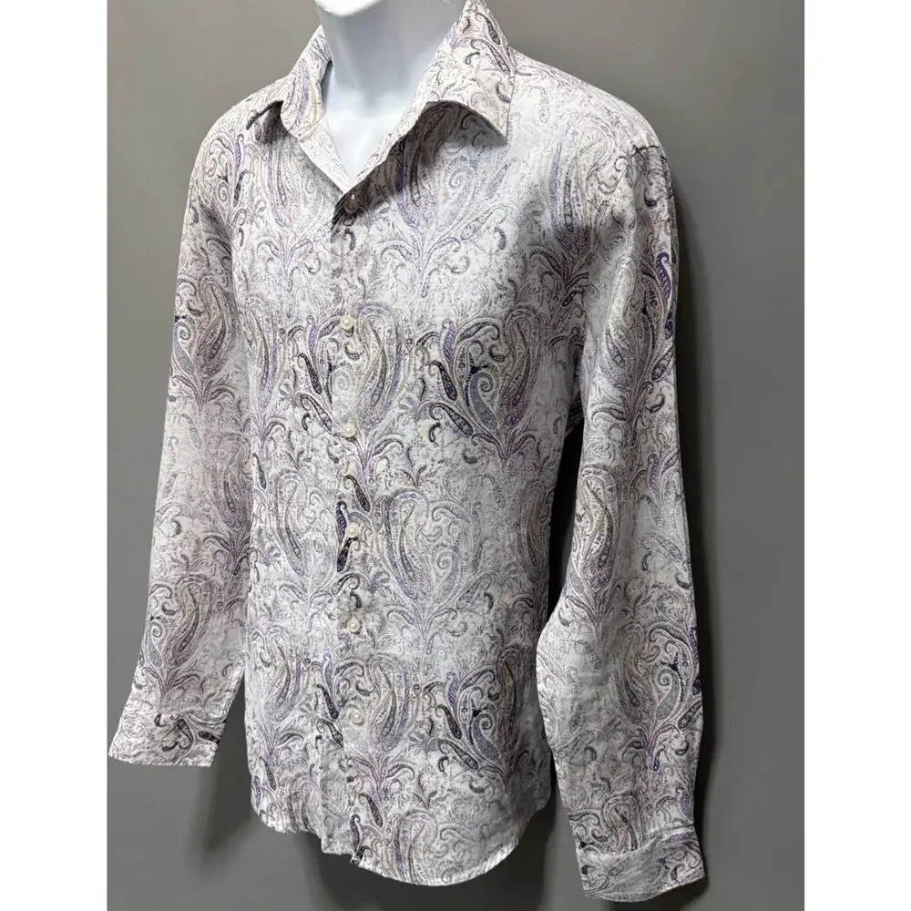 Tasso Elba Medium Button Down Paisley Purple Long Sleeve Shirt 100% Linen - Picture 4 of 9